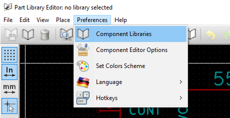 Screenshot highlighting the location of the 'Component libraries' menu item in the 'Preferences' menu
